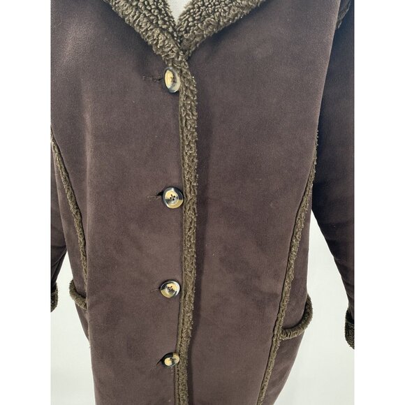 L.L. Bean Women's Faux Suede Coat Button Front Mid-Length Brown Faux Sherling LP - Picture 3 of 10